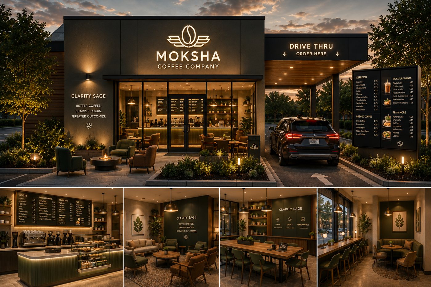 Moksha Coffee Lounge storefront and drive-thru at dusk, with menu boards and interior details