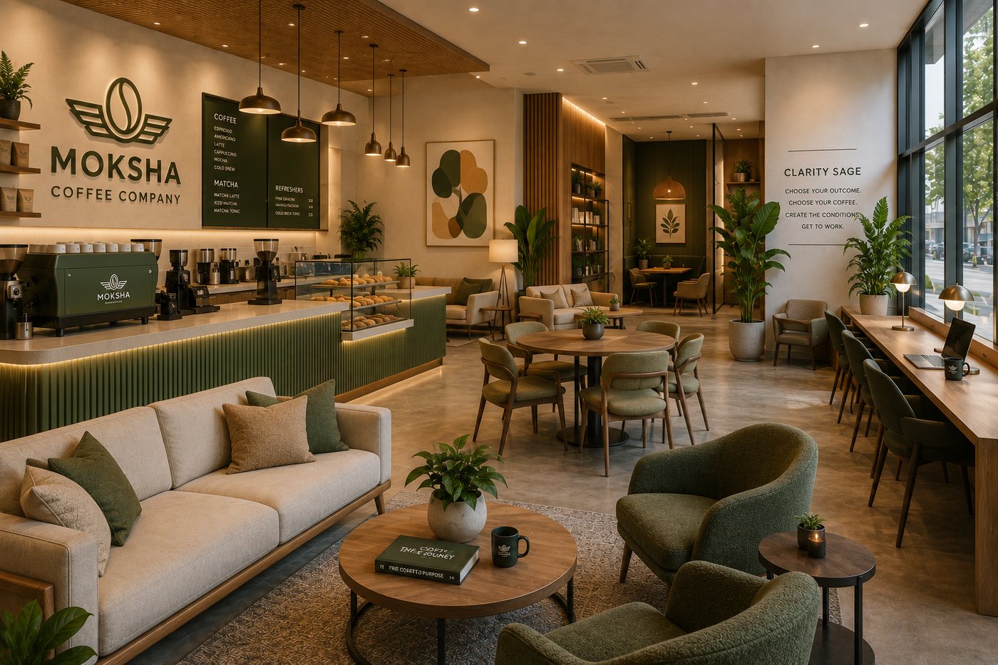 A Moksha Coffee Lounge interior — espresso counter, lounge seating, work bar and the Clarity Sage wall